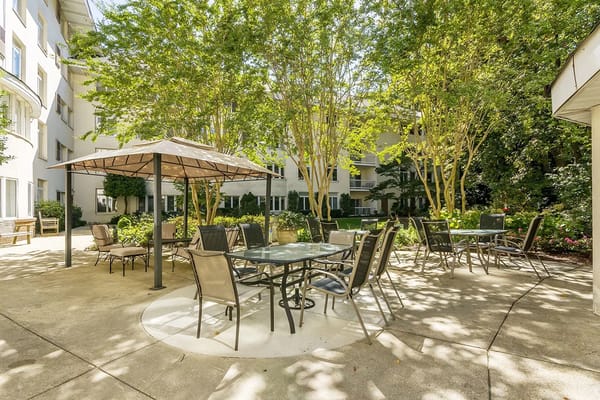 Outdoor seating area with tables and chairs under shaded trees.