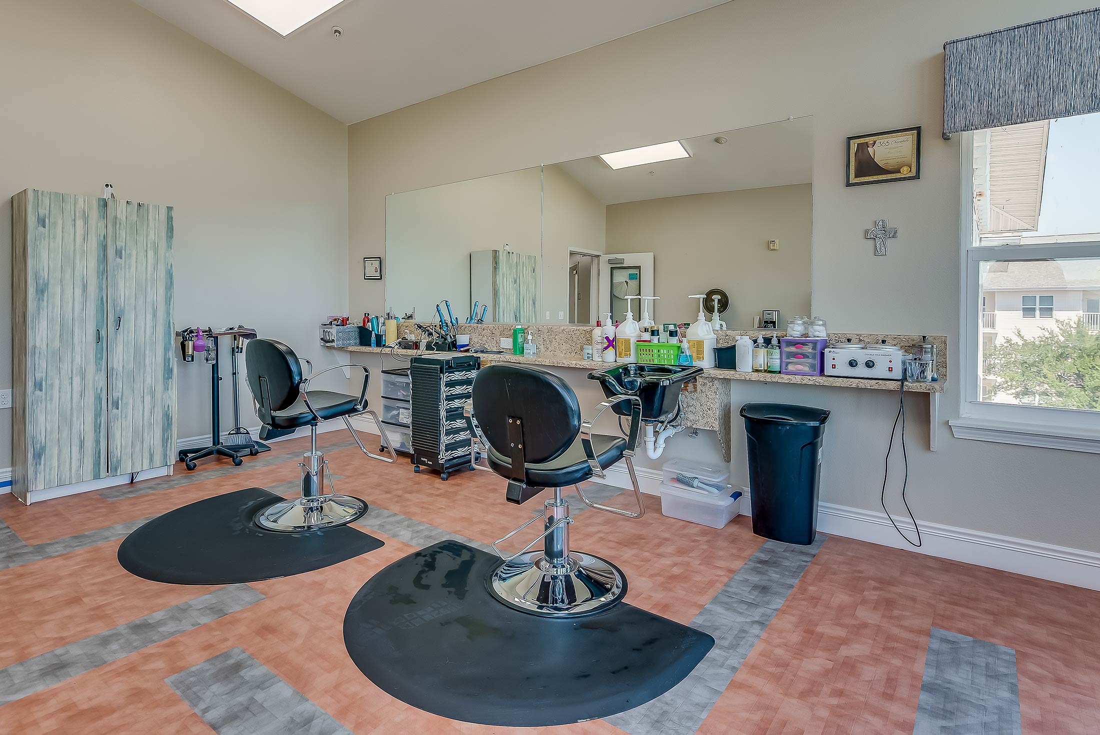 Interior view of a hair salon in the facility