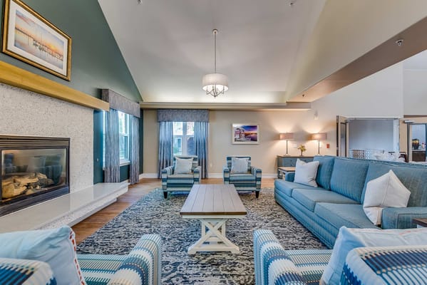 Interior common area with seating and fireplace