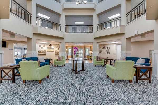 Bright common area with seating and decor