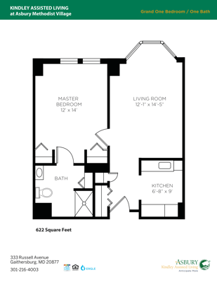 Architectural floor plan of a one-bedroom unit