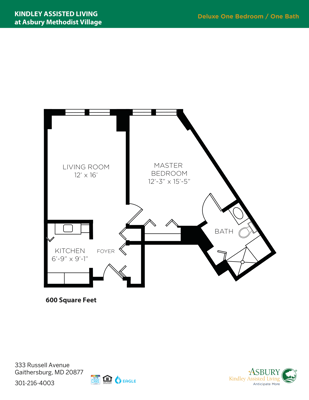Floor plan of a deluxe one-bedroom unit
