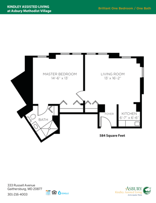 Architectural floor plan of a one-bedroom unit