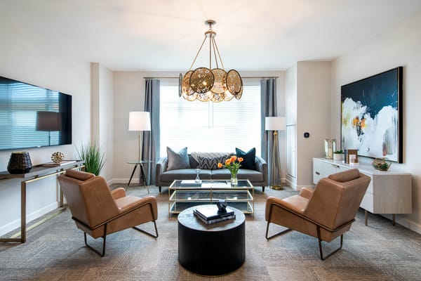 Bright common area with modern decor and furniture