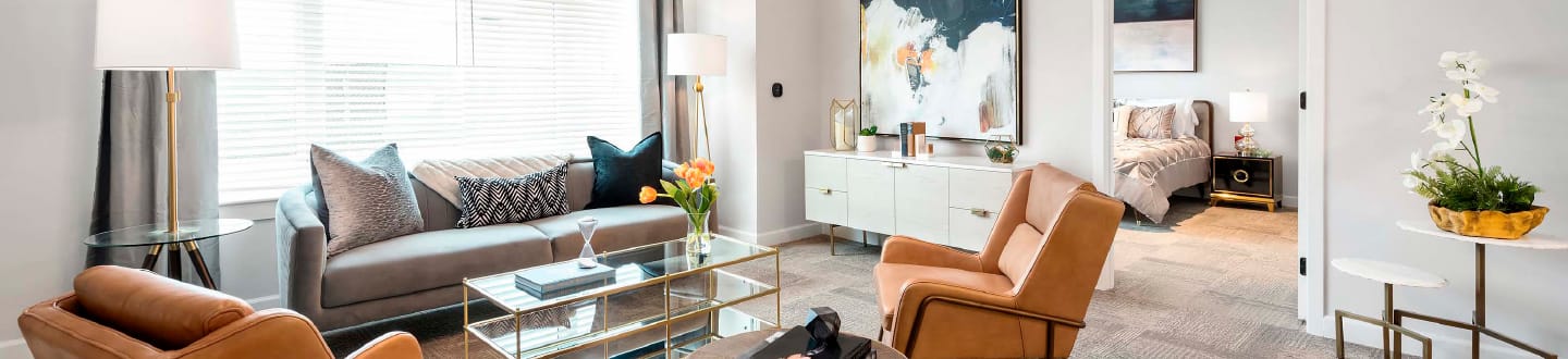 Bright, stylish living room in a senior facility