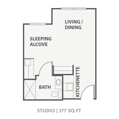Architectural floor plan of a studio apartment