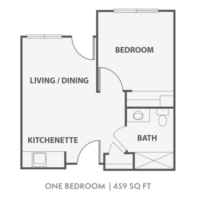 Architectural floor plan of a one-bedroom unit