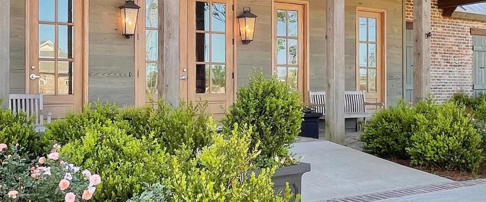 Entrance area with seating and landscaping