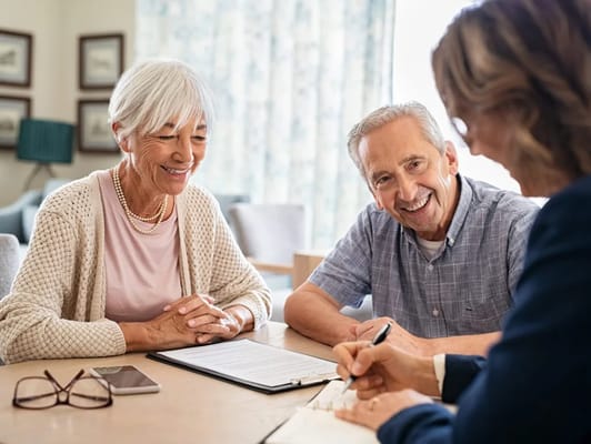 Couple discussing with staff in a bright meeting space