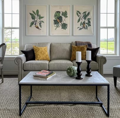 Cozy common area with a couch and decorative art