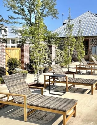 A peaceful outdoor lounge area with chairs and greenery