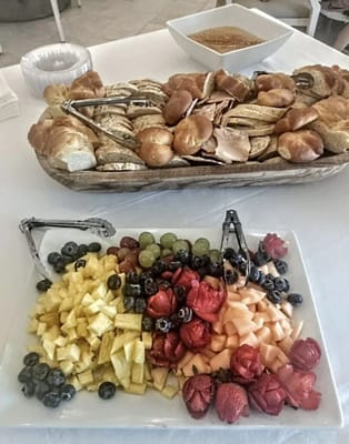 A beautifully arranged fruit and bread spread