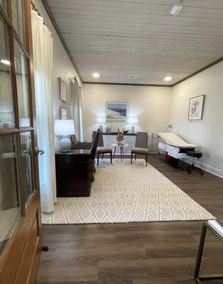 Bright interior view of a common area with furniture