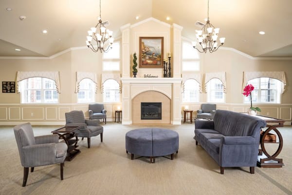 Cozy common area with seating and fireplace