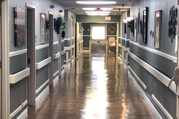 Bright hallway with seating and decorations