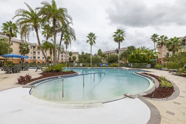 Outdoor pool area surrounded by palm trees