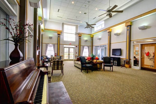 Common area of a senior living facility with seating