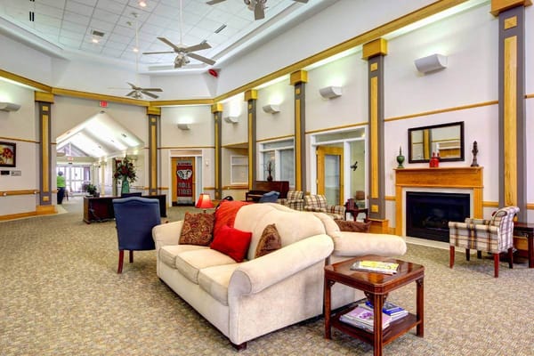 Bright lobby area with seating and decor