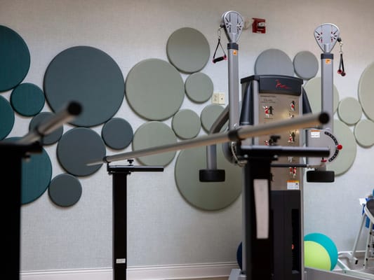 Fitness equipment in a colorful activity space