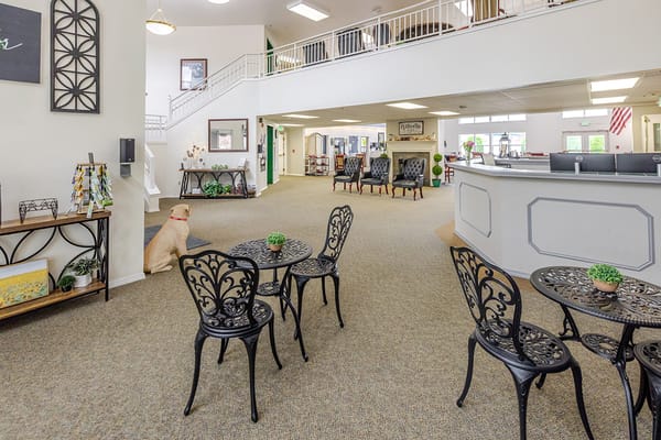 Bright lobby area with seating and decorations