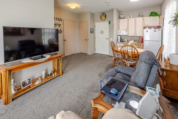 Cozy living area in a resident's room