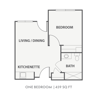 Architectural floor plan of a one-bedroom apartment