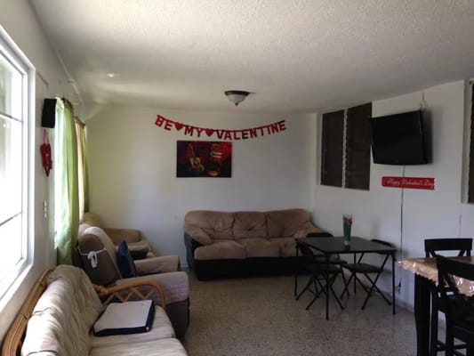 Interior view of a common area decorated for Valentine's Day