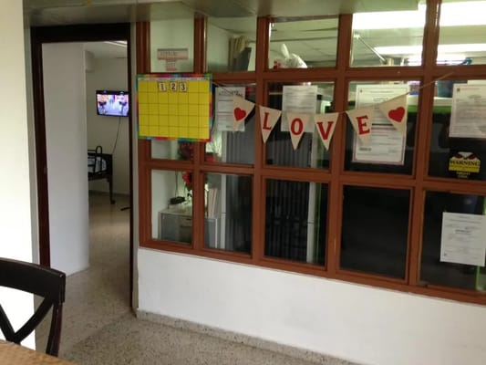 Interior view of a common area with decorations