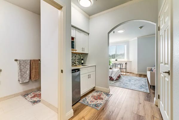 Interior view of a resident room with kitchenette