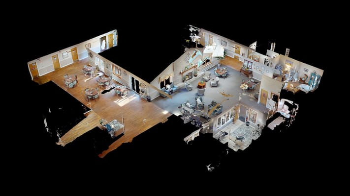 Interior view of a spacious common area with seating