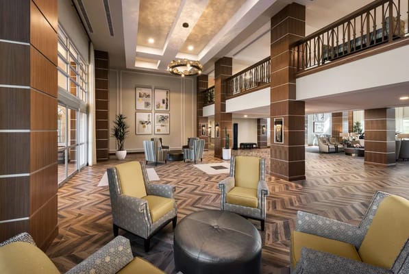 Bright interior common area with seating