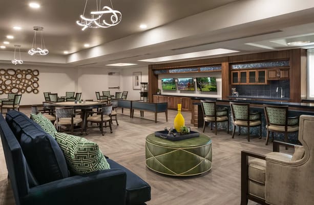 Bright common area with comfortable seating and decor