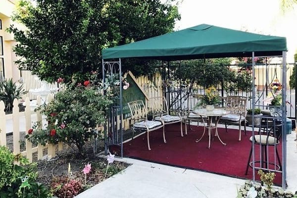 Cozy garden patio with table, chairs, and greenery.