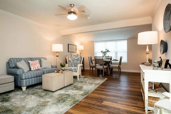 Cozy interior living space with seating and dining area