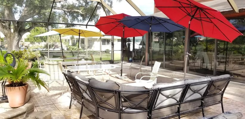 Outdoor seating area with colorful umbrellas