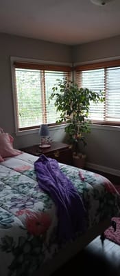 A cozy bedroom featuring a bed with floral bedding, a purple blanket, and large windows with blinds.