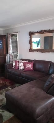 Comfortable living room with a brown couch and decorative pillows