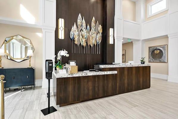 Modern reception area with art and seating