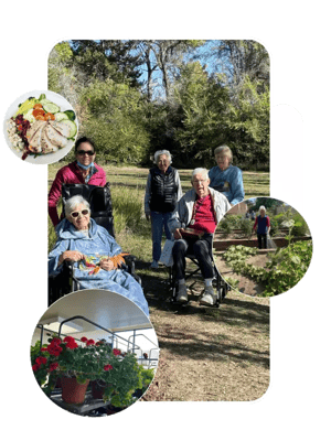 Residents enjoying time outdoors with meals and flowers