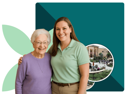 Caregiver with resident outside during a community event
