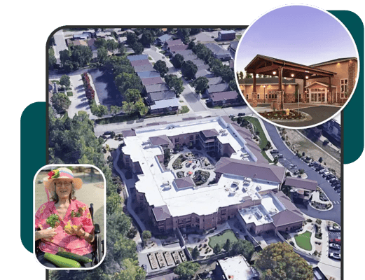 Aerial view of The Gardens on Quail with residents relaxing outside