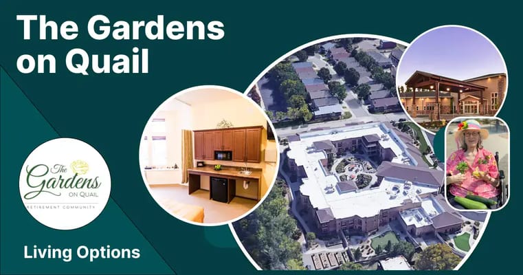 Aerial view of the Gardens on Quail retirement community with indoor and outdoor spaces