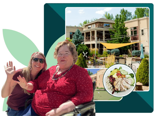 A woman and resident enjoying outdoor space with a meal