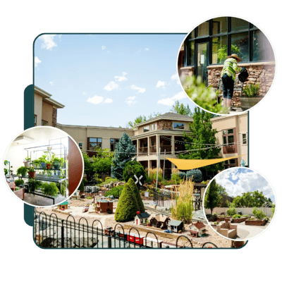 Outdoor garden area with a resident tending plants