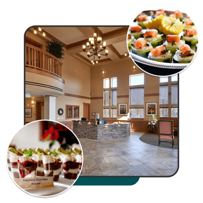 Interior view of a lobby with desserts displayed