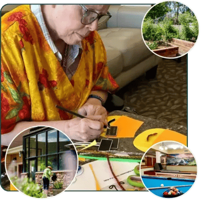 Resident engaging in a craft activity with garden view