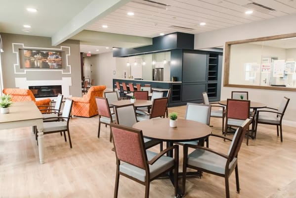 Bright and spacious common area with seating