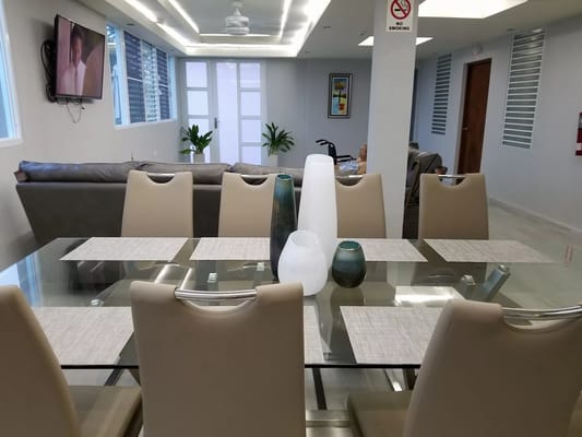 Bright common area with modern furniture and decor