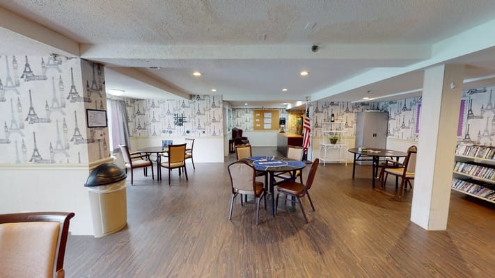 Interior view of a common area with seating and decor