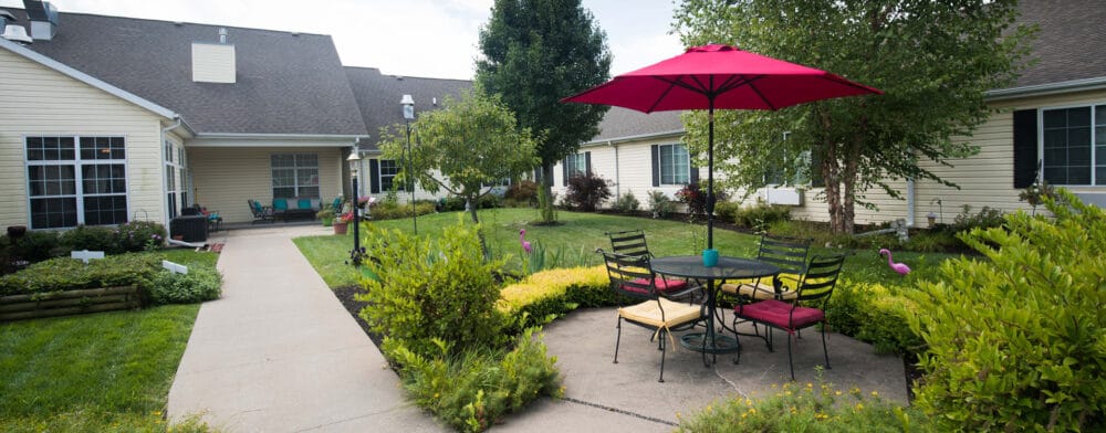 Beautiful outdoor seating area with garden and patio